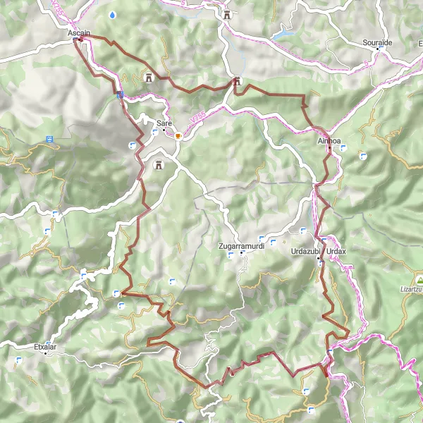 Miniatua del mapa de inspiración ciclista "Ruta de Grava Ascain - Col de Saint-Ignace" en Aquitaine, France. Generado por Tarmacs.app planificador de rutas ciclistas