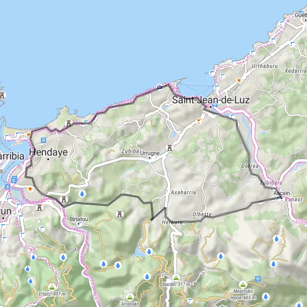 Miniature de la carte de l'inspiration cycliste "La Côte Basque Road Cycling Experience" dans la Aquitaine, France. Générée par le planificateur d'itinéraire cycliste Tarmacs.app