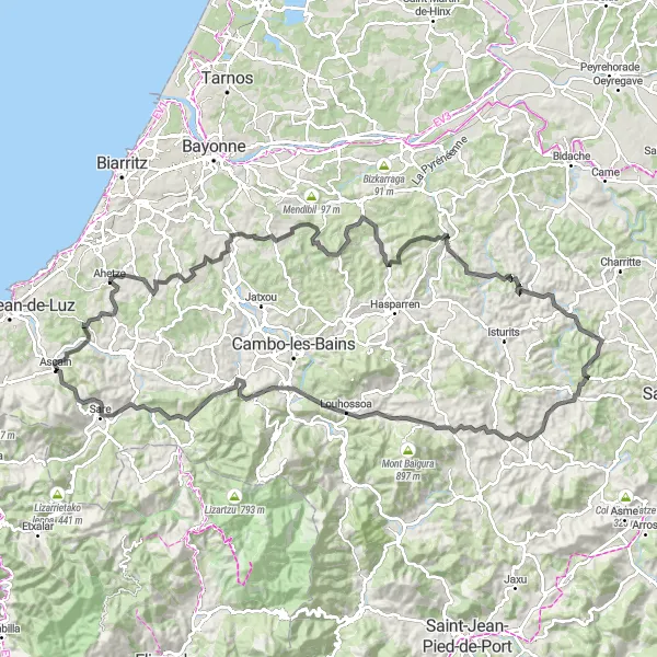 Map miniature of "The Basque Country Adventure" cycling inspiration in Aquitaine, France. Generated by Tarmacs.app cycling route planner