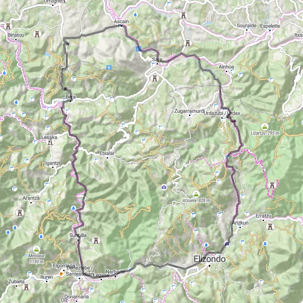 Miniature de la carte de l'inspiration cycliste "La Route des Cols Basques" dans la Aquitaine, France. Générée par le planificateur d'itinéraire cycliste Tarmacs.app