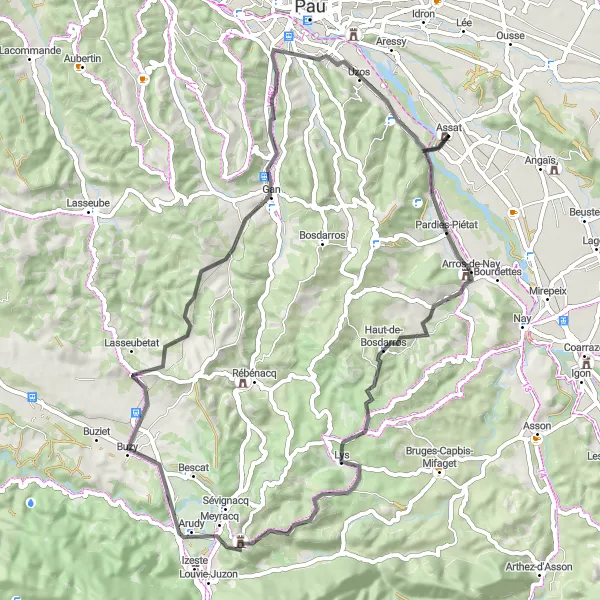 Map miniature of "Scenic Loop of Bosdarros" cycling inspiration in Aquitaine, France. Generated by Tarmacs.app cycling route planner