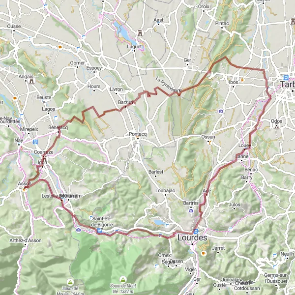 Map miniature of "Gravel Adventure from Asson to Lestelle-Bétharram" cycling inspiration in Aquitaine, France. Generated by Tarmacs.app cycling route planner
