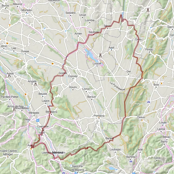 Map miniature of "Gravel Adventure from Asson to Lestelle-Bétharram" cycling inspiration in Aquitaine, France. Generated by Tarmacs.app cycling route planner