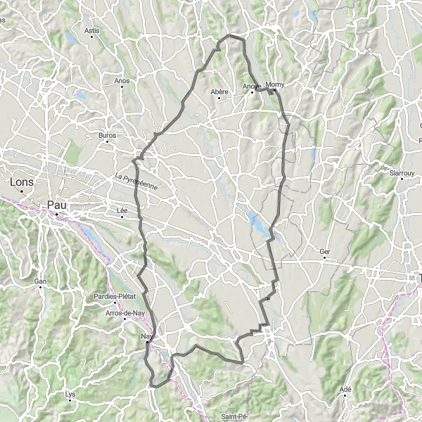 Map miniature of "Road Cycling Loop via Baudreix and Labatmale" cycling inspiration in Aquitaine, France. Generated by Tarmacs.app cycling route planner