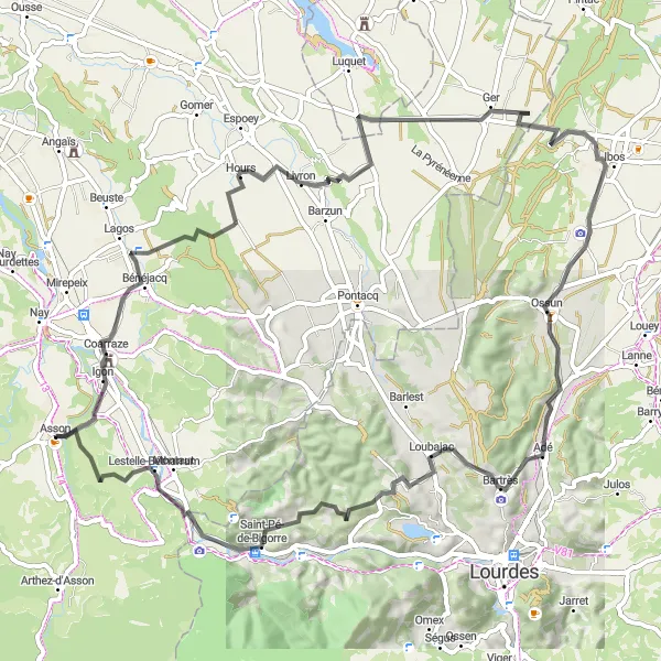 Map miniature of "Coarraze - Saint-Pé-de-Bigorre" cycling inspiration in Aquitaine, France. Generated by Tarmacs.app cycling route planner
