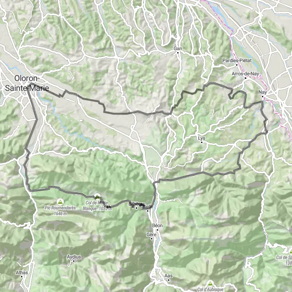 Miniature de la carte de l'inspiration cycliste "Boucle vers Col de Marie-Blanque" dans la Aquitaine, France. Générée par le planificateur d'itinéraire cycliste Tarmacs.app