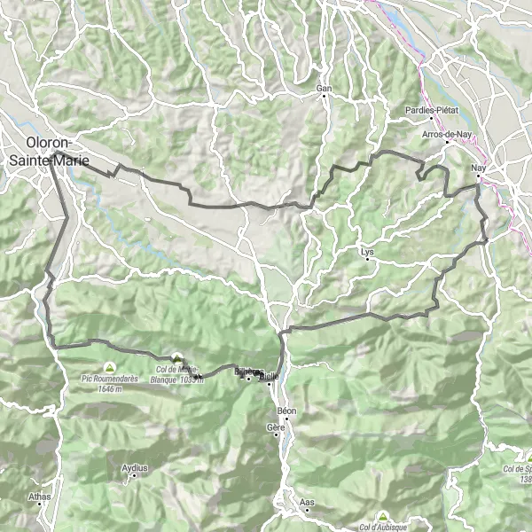 Map miniature of "Asson to Capbis and Pic de Castet Arrougé" cycling inspiration in Aquitaine, France. Generated by Tarmacs.app cycling route planner