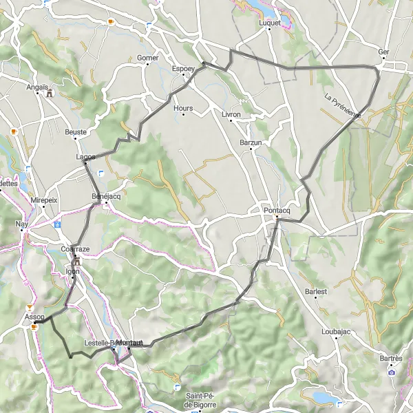 Map miniature of "Coarraze - Ger" cycling inspiration in Aquitaine, France. Generated by Tarmacs.app cycling route planner