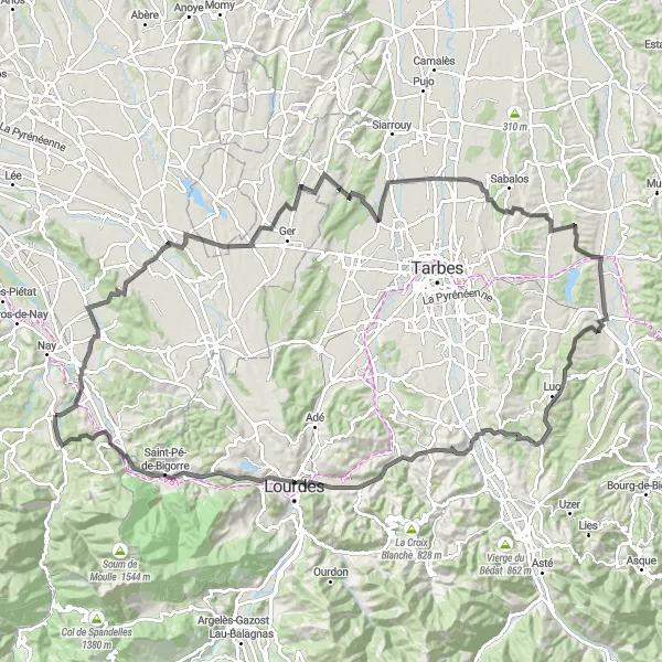 Miniature de la carte de l'inspiration cycliste "Les Sites Méconnus des Pyrénées" dans la Aquitaine, France. Générée par le planificateur d'itinéraire cycliste Tarmacs.app