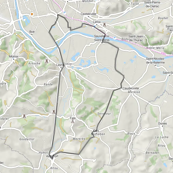 Map miniature of "Goulens Castle Loop" cycling inspiration in Aquitaine, France. Generated by Tarmacs.app cycling route planner