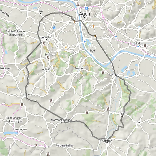 Miniatua del mapa de inspiración ciclista "Ruta Laplume-Layrac-Astaffort" en Aquitaine, France. Generado por Tarmacs.app planificador de rutas ciclistas