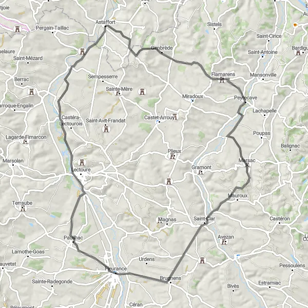 Miniatua del mapa de inspiración ciclista "Ruta Flamarens-Saint-Clar-Pauilhac" en Aquitaine, France. Generado por Tarmacs.app planificador de rutas ciclistas