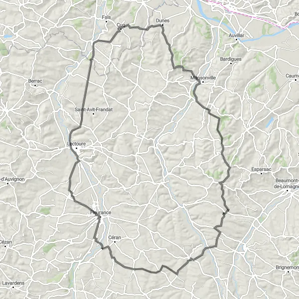 Miniatua del mapa de inspiración ciclista "Ruta de ciclismo de carretera desde Astaffort" en Aquitaine, France. Generado por Tarmacs.app planificador de rutas ciclistas
