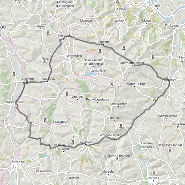 Map miniature of "Exploring the Hidden Gems" cycling inspiration in Aquitaine, France. Generated by Tarmacs.app cycling route planner