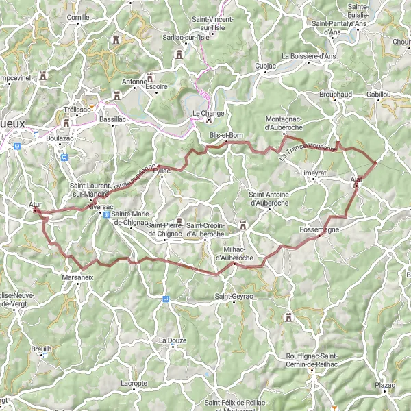 Map miniature of "Ajat Gravel Adventure" cycling inspiration in Aquitaine, France. Generated by Tarmacs.app cycling route planner