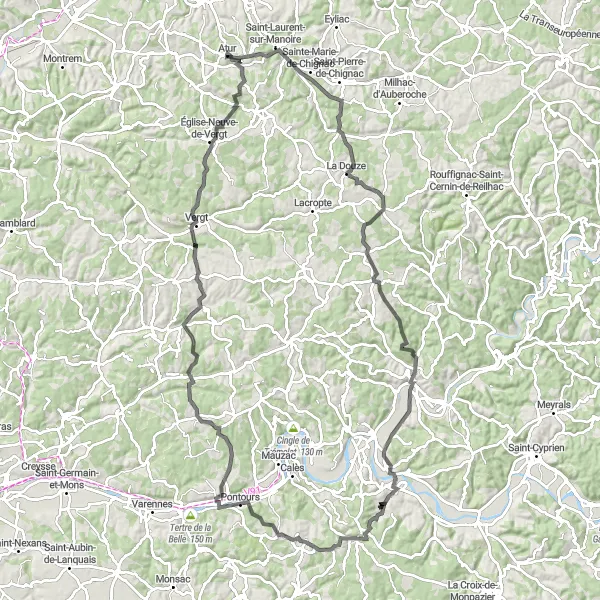 Map miniature of "Dordogne Road Cycling Tour" cycling inspiration in Aquitaine, France. Generated by Tarmacs.app cycling route planner