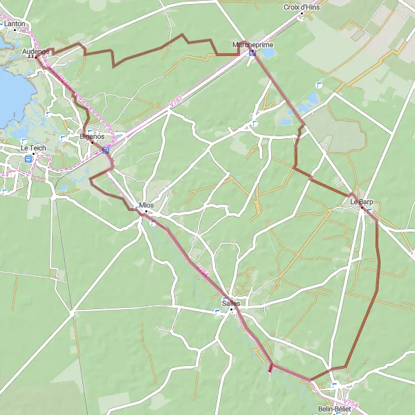 Miniatua del mapa de inspiración ciclista "Ruta de ciclismo de gravilla desde Audenge a Salles" en Aquitaine, France. Generado por Tarmacs.app planificador de rutas ciclistas