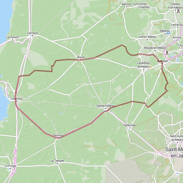 Miniatua del mapa de inspiración ciclista "Ruta Escénica Saumos-Lacanau-Brach-Avensan" en Aquitaine, France. Generado por Tarmacs.app planificador de rutas ciclistas