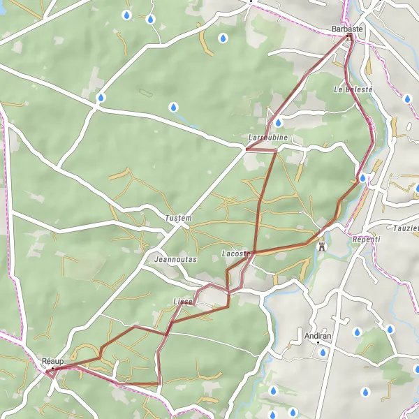 Miniatua del mapa de inspiración ciclista "Explora la naturaleza en camino de grava" en Aquitaine, France. Generado por Tarmacs.app planificador de rutas ciclistas