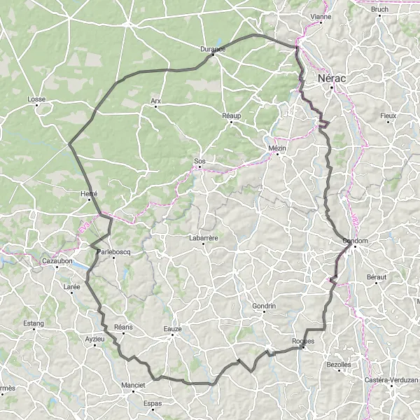Miniatua del mapa de inspiración ciclista "Descubre el encanto de Armagnac" en Aquitaine, France. Generado por Tarmacs.app planificador de rutas ciclistas