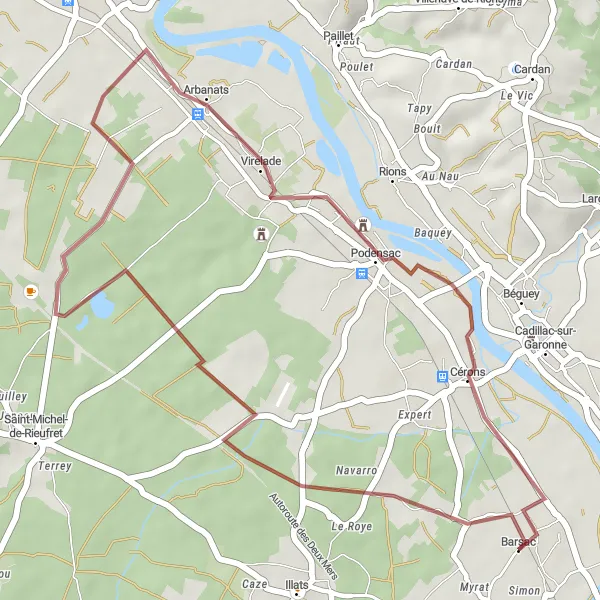 Miniatua del mapa de inspiración ciclista "Ruta Escénica en Grava por Arbanats y Cérons" en Aquitaine, France. Generado por Tarmacs.app planificador de rutas ciclistas
