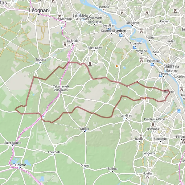 Miniatua del mapa de inspiración ciclista "Ruta de Ciclismo en Grava por Saint-Morillon y Benaudin" en Aquitaine, France. Generado por Tarmacs.app planificador de rutas ciclistas
