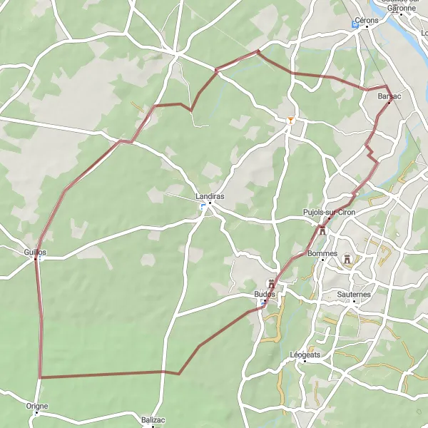 Miniature de la carte de l'inspiration cycliste "Parcours aventureux de gravel autour de Barsac" dans la Aquitaine, France. Générée par le planificateur d'itinéraire cycliste Tarmacs.app