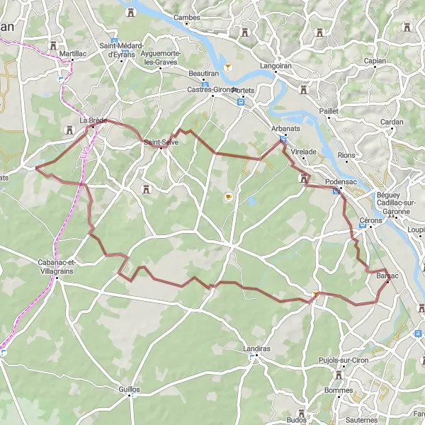Miniature de la carte de l'inspiration cycliste "Aventure en gravel autour de Illats" dans la Aquitaine, France. Générée par le planificateur d'itinéraire cycliste Tarmacs.app
