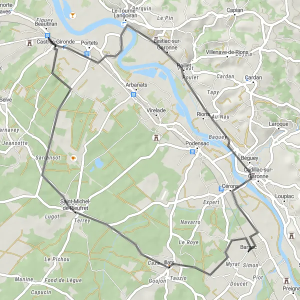 Miniatua del mapa de inspiración ciclista "Excursión en Bicicleta por Castres-Gironde y Cérons" en Aquitaine, France. Generado por Tarmacs.app planificador de rutas ciclistas