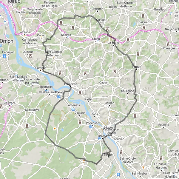 Miniature de la carte de l'inspiration cycliste "Boucle Illats-Langoiran" dans la Aquitaine, France. Générée par le planificateur d'itinéraire cycliste Tarmacs.app