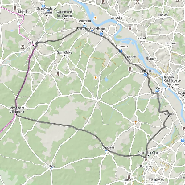 Miniature de la carte de l'inspiration cycliste "Boucle rafraîchissante près de Barsac" dans la Aquitaine, France. Générée par le planificateur d'itinéraire cycliste Tarmacs.app