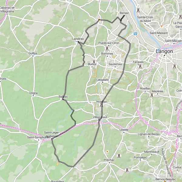 Map miniature of "Barsac - Illats Road Route" cycling inspiration in Aquitaine, France. Generated by Tarmacs.app cycling route planner