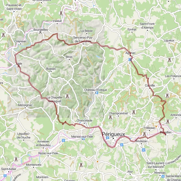 Map miniature of "Gravel Adventure to Château de Caussade" cycling inspiration in Aquitaine, France. Generated by Tarmacs.app cycling route planner