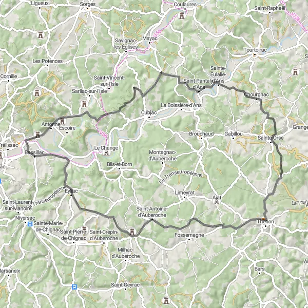 Map miniature of "Picturesque Road Route to Eyliac" cycling inspiration in Aquitaine, France. Generated by Tarmacs.app cycling route planner