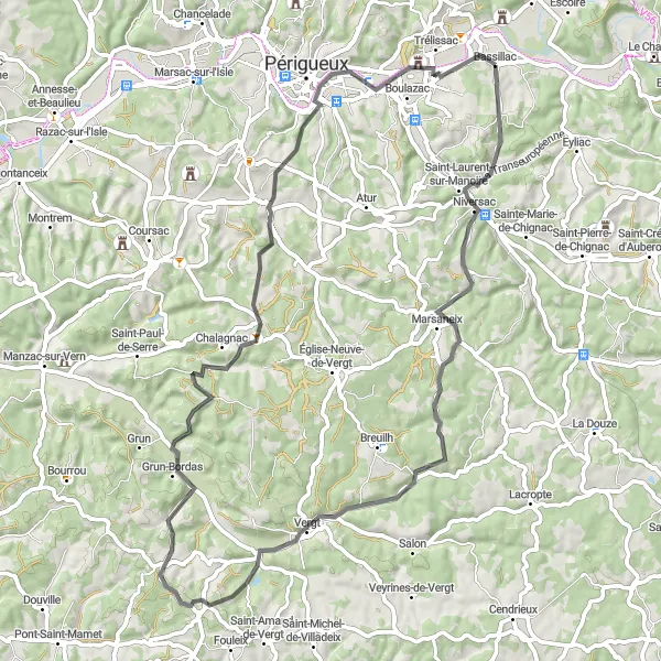 Map miniature of "Scenic Road Cycling near Bassillac" cycling inspiration in Aquitaine, France. Generated by Tarmacs.app cycling route planner