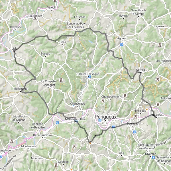 Miniatua del mapa de inspiración ciclista "Ruta escénica hacia Sencenac-Puy-de-Fourches" en Aquitaine, France. Generado por Tarmacs.app planificador de rutas ciclistas