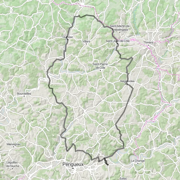 Map miniature of "Challenging Road Cycling to Château de Trigonant" cycling inspiration in Aquitaine, France. Generated by Tarmacs.app cycling route planner