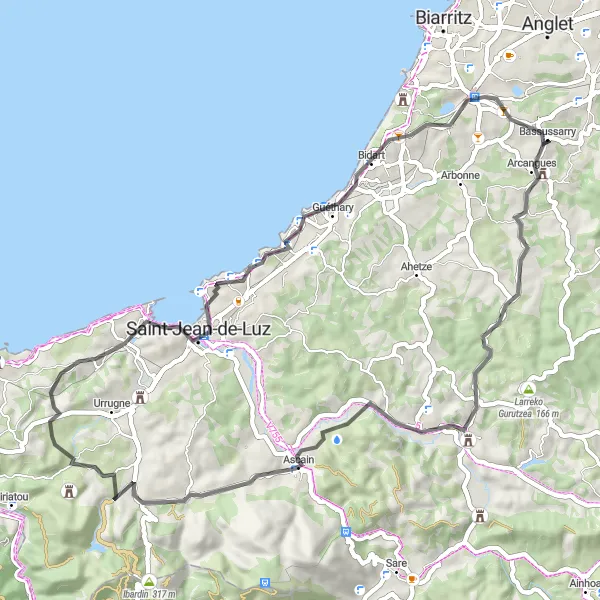 Miniatua del mapa de inspiración ciclista "Ruta de la Costa Vasca" en Aquitaine, France. Generado por Tarmacs.app planificador de rutas ciclistas