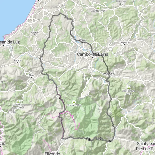 Map miniature of "The Baïgorry Odyssey" cycling inspiration in Aquitaine, France. Generated by Tarmacs.app cycling route planner