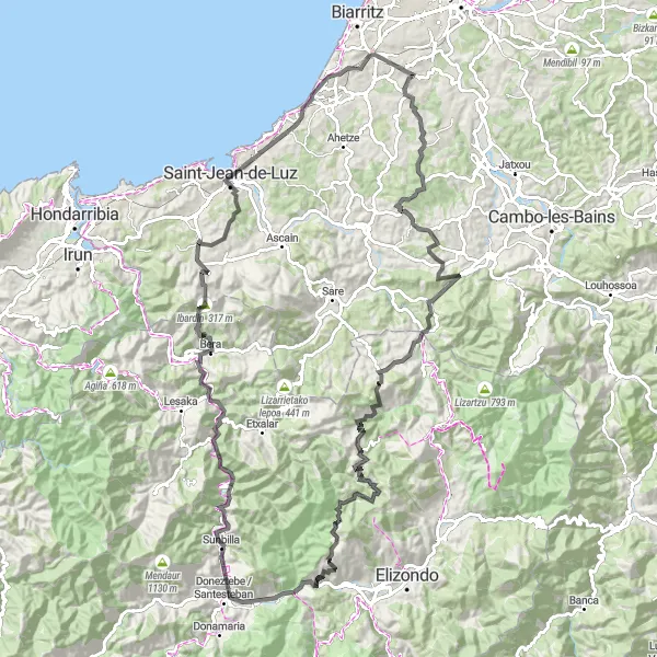 Miniatua del mapa de inspiración ciclista "Ruta de los Pueblos de la Montaña" en Aquitaine, France. Generado por Tarmacs.app planificador de rutas ciclistas