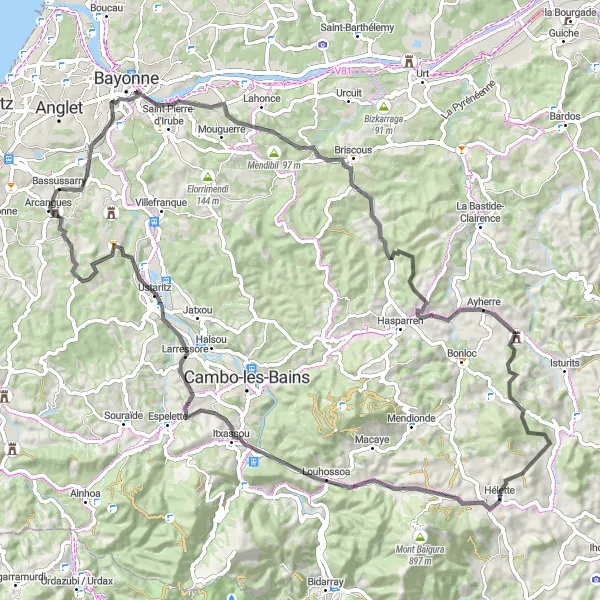 Map miniature of "The Castle Route" cycling inspiration in Aquitaine, France. Generated by Tarmacs.app cycling route planner