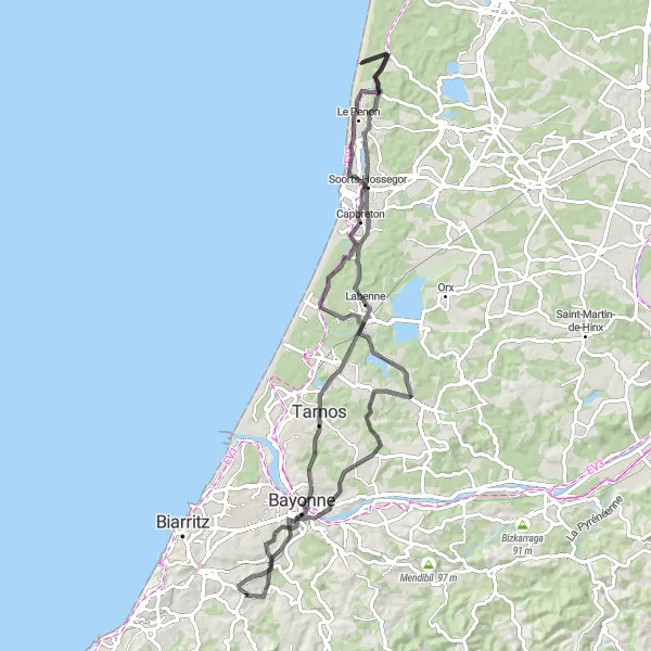 Map miniature of "The Coastal Château Adventure" cycling inspiration in Aquitaine, France. Generated by Tarmacs.app cycling route planner