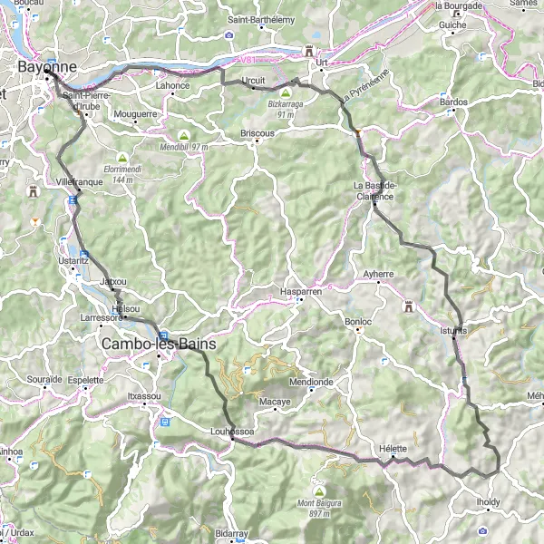 Miniature de la carte de l'inspiration cycliste "Balade dans l'Arrière-Pays Basque" dans la Aquitaine, France. Générée par le planificateur d'itinéraire cycliste Tarmacs.app
