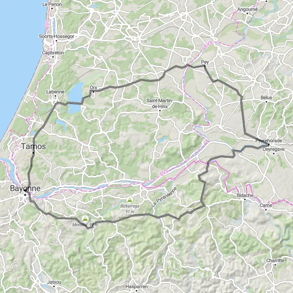 Map miniature of "Bayonne to Château-Neuf Loop" cycling inspiration in Aquitaine, France. Generated by Tarmacs.app cycling route planner