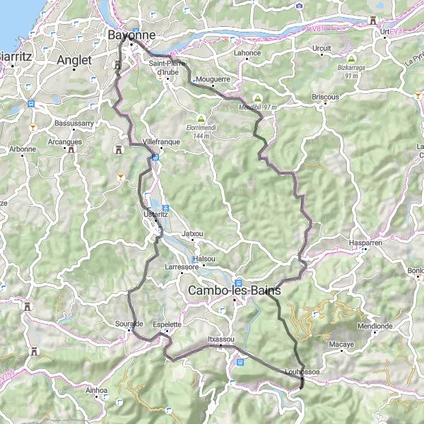 Miniature de la carte de l'inspiration cycliste "Le circuit de Bayonne à Château Lota" dans la Aquitaine, France. Générée par le planificateur d'itinéraire cycliste Tarmacs.app