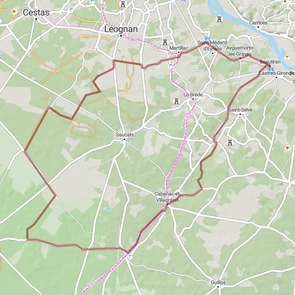 Map miniature of "Gravel Loop: Douence and Ayguemorte-les-Graves" cycling inspiration in Aquitaine, France. Generated by Tarmacs.app cycling route planner