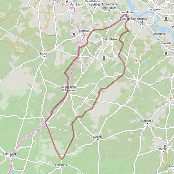 Map miniature of "Gravel Adventure: Castres-Gironde Loop" cycling inspiration in Aquitaine, France. Generated by Tarmacs.app cycling route planner