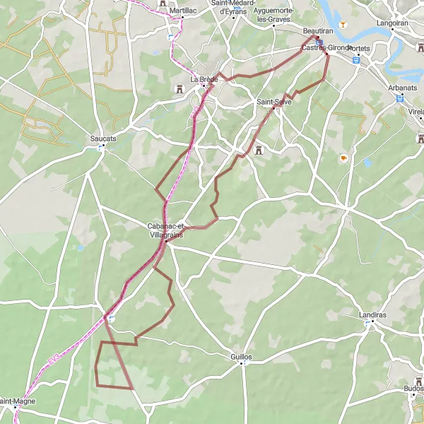 Map miniature of "Gravel Route: Beautiran and Surrounding Chateaus" cycling inspiration in Aquitaine, France. Generated by Tarmacs.app cycling route planner