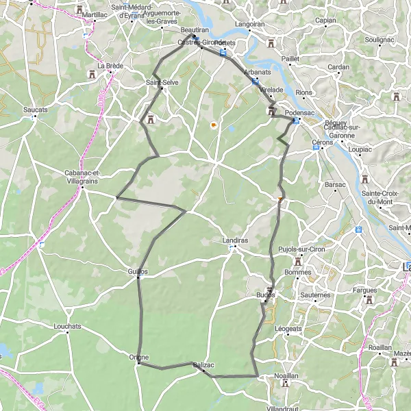 Map miniature of "Road Loop: Origne and the Charm of Saint-Morillon" cycling inspiration in Aquitaine, France. Generated by Tarmacs.app cycling route planner