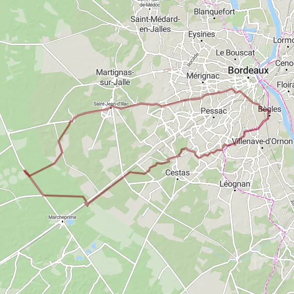 Map miniature of "Gravel Adventure: Bègles to Cauderès" cycling inspiration in Aquitaine, France. Generated by Tarmacs.app cycling route planner